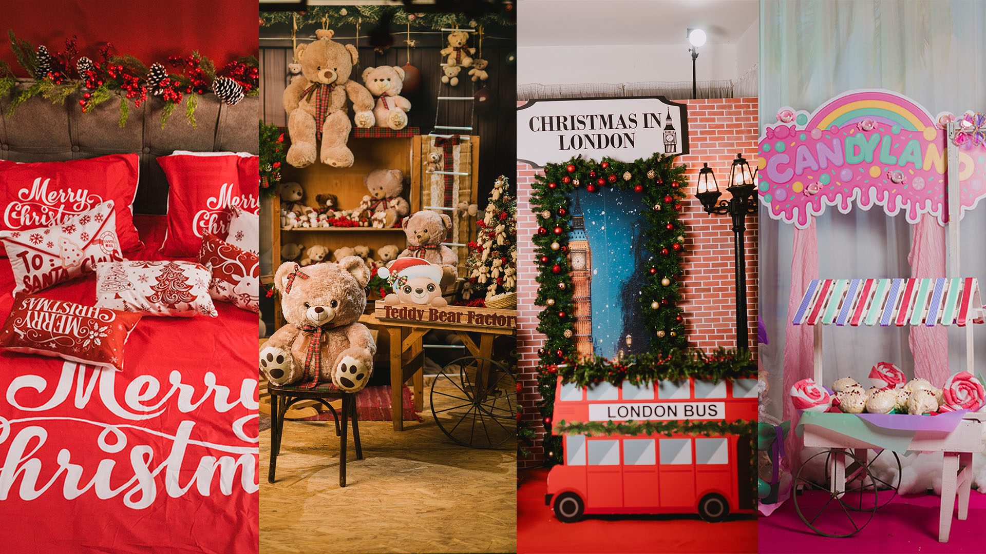 Four of the xmas.cy Christmas studios: Christmas morning bedroom, teddy bear workshop, Christmas in London street and Candyland